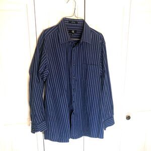 Calvin Klein Men's Blue Stripe Dress Shirt L 16.5 32/33 100% Cotton Button-Down